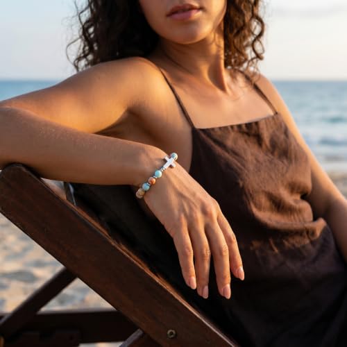 Bracelet for Women Natural Stone Beaded, Stainless Steel Charms, Adjustable - color: 3-Cross