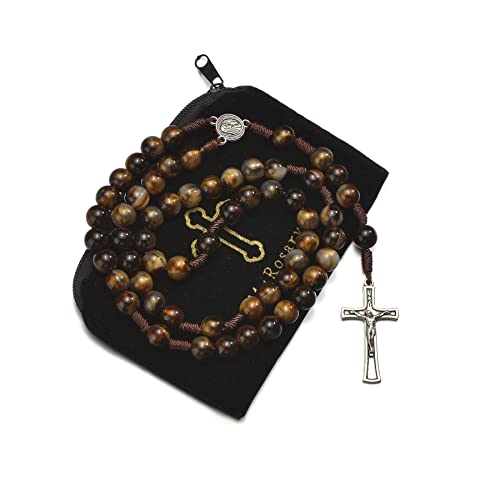 10mm Brown Beads Catholic Rosary Handmade Braided Rosaries with Curcifix Cross and Holy Mary Medal Amulet Rosary Beads Necklace for Women Men - color: Brown