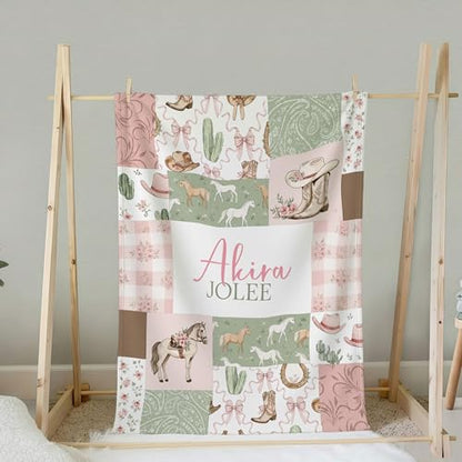 Personalized Western Baby Blanket Girl, Pink Bow Western Boots Pattern, Custom Name Toddler Kids Throw Blanket, Girly Ranch Nursery Decor, Baby Girl Gift - color: Western Baby Blanket Girl