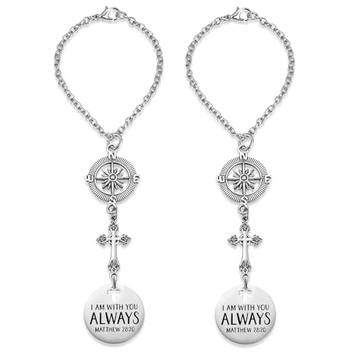 2 Pack Cross Car Charms, 'I Am with You Always' Matthew 28:20, Guardian Angel Rear View Mirror Decor, Religious Gift for Women Men, Christian Faith Based Car Accessory