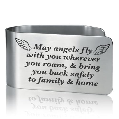 May Angels Fly with You Wherever You roam Engraved Stainless Steel Car Visor Clip, Inspirational Guardian Angel Safe Driving Gifts for Family Friend Driver Traveller, New Car Birthday Gifts - color: Silver009