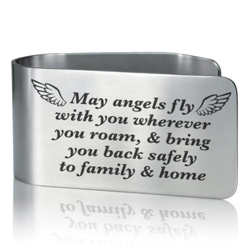 May Angels Fly with You Wherever You roam Engraved Stainless Steel Car Visor Clip, Inspirational Guardian Angel Safe Driving Gifts for Family Friend Driver Traveller, New Car Birthday Gifts - color: Silver009