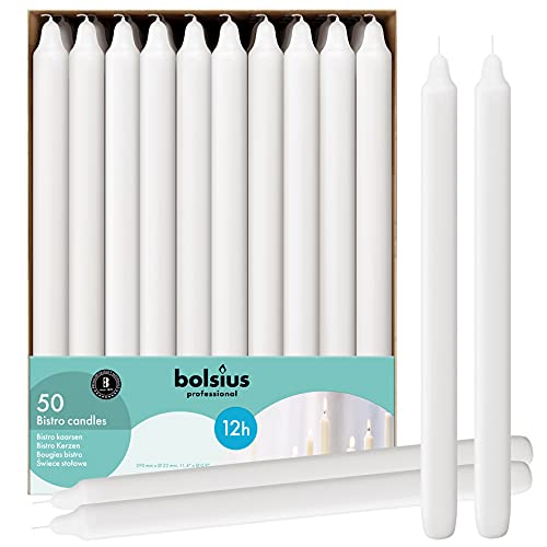 BOLSIUS White Candlesticks Bulk Pack 50 Count - Unscented Dripless 11.5 Inch Household & Dinner Candle Set - 12+ Burn Hours - Premium European Quality - Consistent Smokeless Flame - 100% Cotton Wick - style: 50 Count