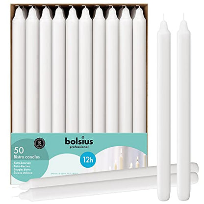 BOLSIUS White Candlesticks Bulk Pack 50 Count - Unscented Dripless 11.5 Inch Household & Dinner Candle Set - 12+ Burn Hours - Premium European Quality - Consistent Smokeless Flame - 100% Cotton Wick - style: 50 Count