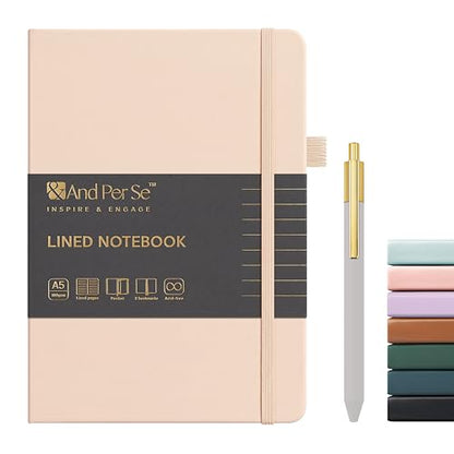 &And Per Se Lined Journal and Pen Set, A5 Leather Hardcover Notebook with Pen & Stationary Set, 160 Pages 100GSM Thick Ruled Paper Journal for Business Work Writing (Light Apricot) - color: Light Apricot