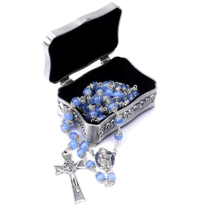 Rosary Beads Catholic for Woman - Italy 8-9mm AAA+ Natural Blue Cat Eyes Gemstone Rosary Beads.