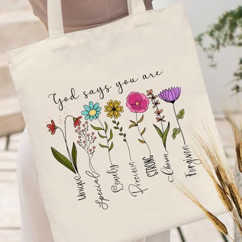 Andeiltech Canvas Christian Tote Bags Bible Canvas Bag Faith-Inspired Graphic Book Tote for Church Christian Birthday Gifts - color: God Says You Are