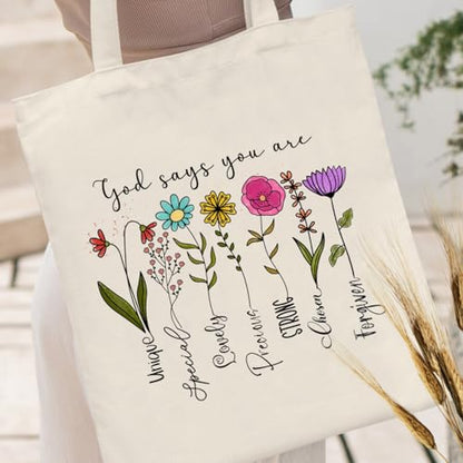 Andeiltech Canvas Christian Tote Bags Bible Canvas Bag Faith-Inspired Graphic Book Tote for Church Christian Birthday Gifts - color: God Says You Are