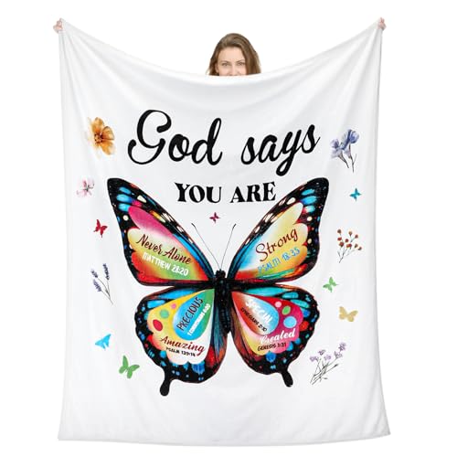 Moukeren Christian Blanket for Women Mother's Day Butterfly Blanket Faith Religious God Says You are Throws Inspirational Bible Catholic Gift for Mom Sister Friend Baptism Confirmation 50'' x 60'' - style: Butterfly