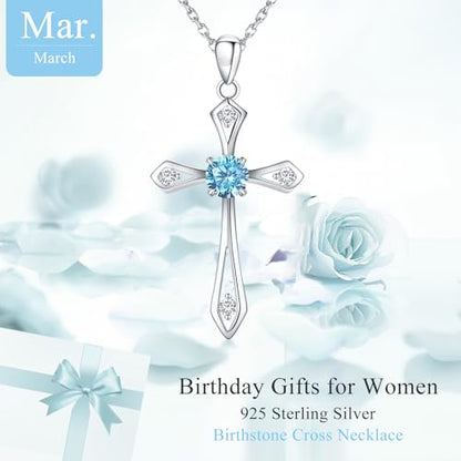 Cross Necklace for Women,925 Sterling Silver Faith Jewerly Gift - color: 03-March-Aquamarine