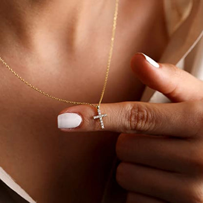 VIROMY Gold Cross Necklace for Women 14K Gold Plated Cute Sidways Cross Pendant Choker Necklaces Simple Trendy Everyday Jewelry for Women - style: CZ Cross-42CM-Gold