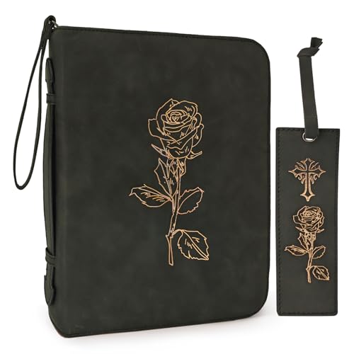Bible Covers for Women & Men, Leather Bible Case with Rose Bookmark, Bible Supplies Carrying Bag Tote with Strap, Personalized Gift for Study, Journaling, Church-Black