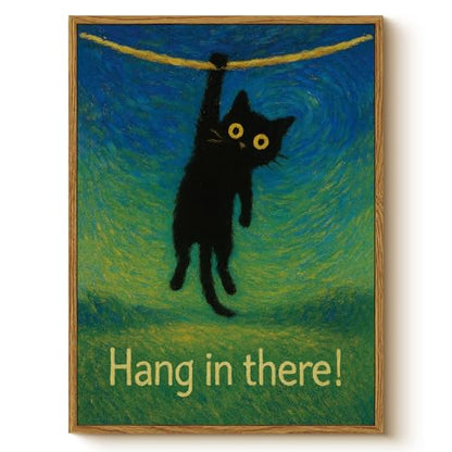 WHASAYART Funny Black Cat Hanging with Uplifting, Hang in There Quote Framed Wall Art, 12x16 Positive Inspirational Cute Animal Canvas Print, Motivational Pet Painting Room Bedroom Office Wall Decor - color: Hanging