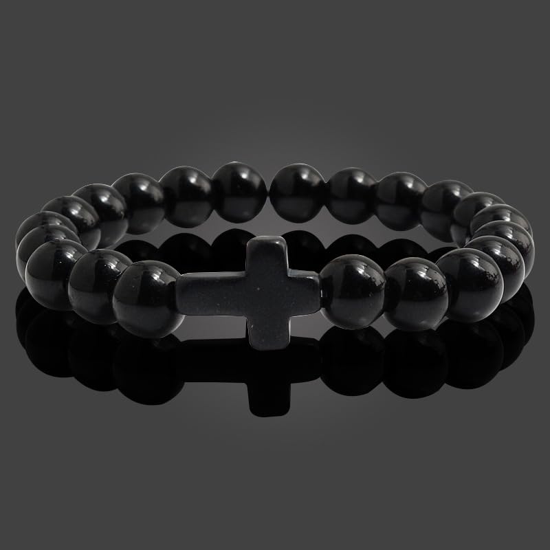 FORUBUS Lava Rock Stone Beaded Bracelet, Cross Charm Natural Volcanic Stone beads Turquoise Stretch Bracelet for Women Men Religion Jewelry Pray Baptism Gift - color: 1pcs black light