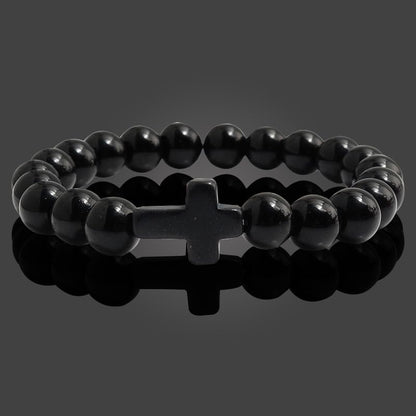 FORUBUS Lava Rock Stone Beaded Bracelet, Cross Charm Natural Volcanic Stone beads Turquoise Stretch Bracelet for Women Men Religion Jewelry Pray Baptism Gift - color: 1pcs black light