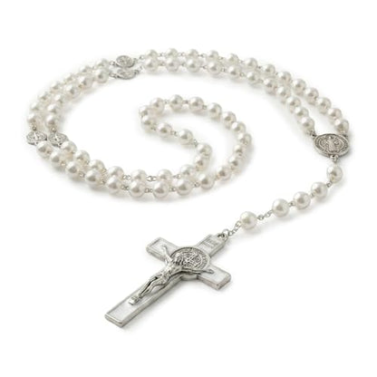 RUDELL Rosary Beads Catholic for Women - Rosary Necklace for Women with Pearl Beads - Medal Cross Saint Benedict Rosary for Men - Prayer Rosarios Catolicos Jewelry Gift - color: White
