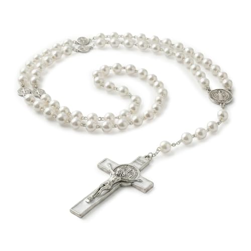 RUDELL Rosary Beads Catholic for Women - Rosary Necklace for Women with Pearl Beads - Medal Cross Saint Benedict Rosary for Men - Prayer Rosarios Catolicos Jewelry Gift - color: White