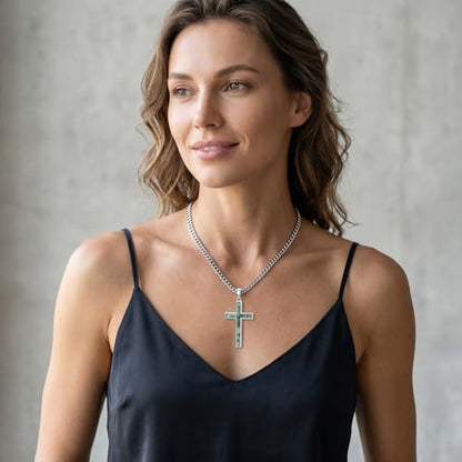 MRENITE Silver Natural Stone Cross Necklace, Classic Latin Cross Pendant Necklace for Unisex Women Man, Vintage Crystal Quartz Cross Necklace with 20+2 Inches Adjustable Cuban Chain - style: Moss Agate