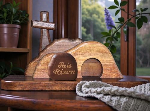 Wooden Easter Empty Tomb Decoration Set with Cross and Figurines, he is Risen, Jesus Resurrection Scene Christian Decor for Home, Church, Office, Shelf Display, Easter Table Decor (#A) - color: #a