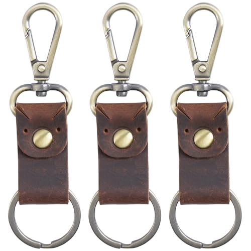 Jack&Chris Genuine Leather Keychain, Small Keychain for Man and Women, Key Holder Mens Belt Key Chain Ring, Red Brown - color: 3pack-coffee