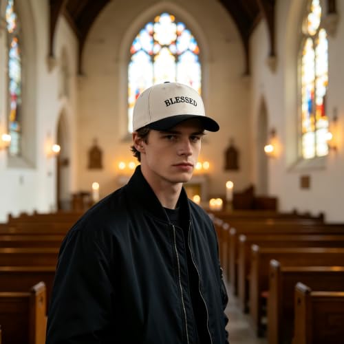 Embroidered Christian Two-Tone Baseball Cap for Men & Women, Adjustable Dad Hat Christmas Easter Gift - color: Blessed, Black/Beige