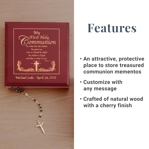 Let's Make Memories Personalized Communion Keepsake Box - Scripture - Sacrament - Religious Keepsake - First Communion - Natural Wood - Cherry Finish - Inspirational Verse - 6.75”Lx6.75”W - style: Scripture - Communion