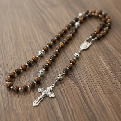 Nazareth Store Genuine Rosary Stone Beads Necklace Metal Beaded Glory Beads Miraculous Medal & Silver Cross Crucifix For Men and Womens - color: Tiger Eye