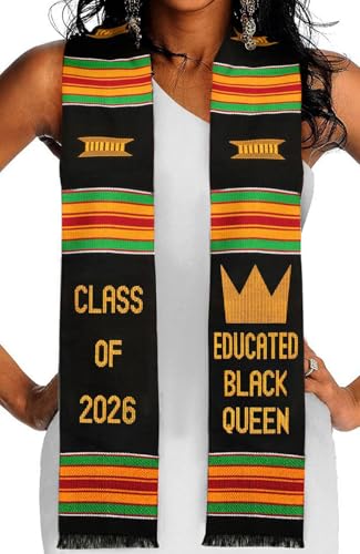 Kwabla's Kente Graduation Stole 2026 | Kente Stole Class of 2026 | Kente Graduation Sash 2026 - color: Educated Black Queen Graduation Stole 2026
