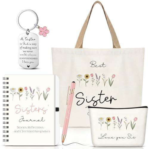 Kinlop 5 Pcs Best Sister Gift Set for Women Canvas Tote Bag Notebook Pen - color: Pink, style: Best Sister