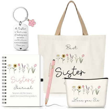 Kinlop 5 Pcs Best Sister Gift Set for Women Canvas Tote Bag Notebook Pen - color: Pink, style: Best Sister