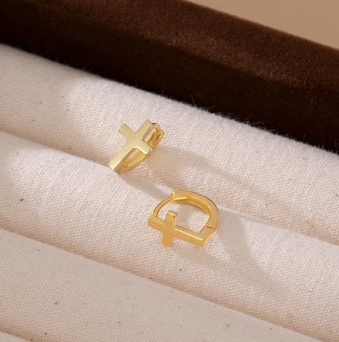 Reffeer Solid 925 Sterling Silver Cross Hoop Earrings for Women Teen Girls Small Cross Huggie Earrings Cartilage Helix - color: B-Yellow