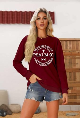 Christian Sweatshirts for Women Psalms 91 Long Sleeve Shirt - color: Wine, size: XX-Large