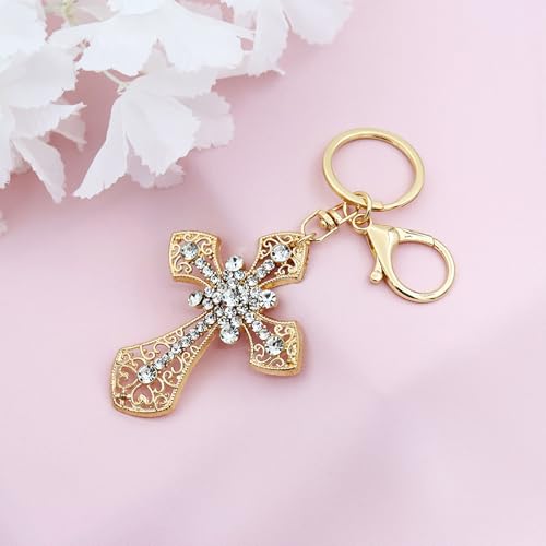 TTYY Stylish Rhinestone Cross Keychain - Sparkling Christian Car Key Ring for Women Men,Religious Gift for Purse Backpack Bag - color: Gold-2