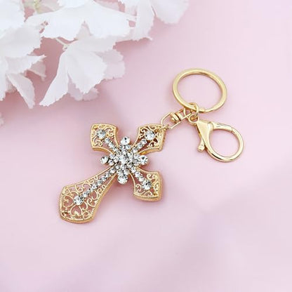 TTYY Stylish Rhinestone Cross Keychain - Sparkling Christian Car Key Ring for Women Men,Religious Gift for Purse Backpack Bag - color: Gold-2