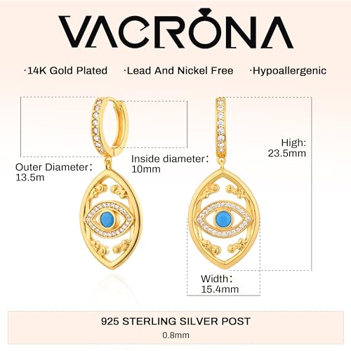 VACRONA Gold Heart Hoop Earrings Huggie Earrings for Women 14k Gold Plated Small Hoops Earrings - color: Exquisite Evil Eye-Gold