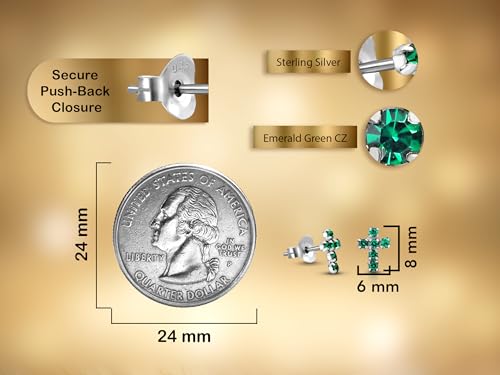 AeraVida Sparkling and Colorful Faith Cubic Zirconia Cross Sterling Silver Stud Earrings | Religious Pierced Jewelry Gift for Women | Christian Daily Wear Earrings - color: Dark Green