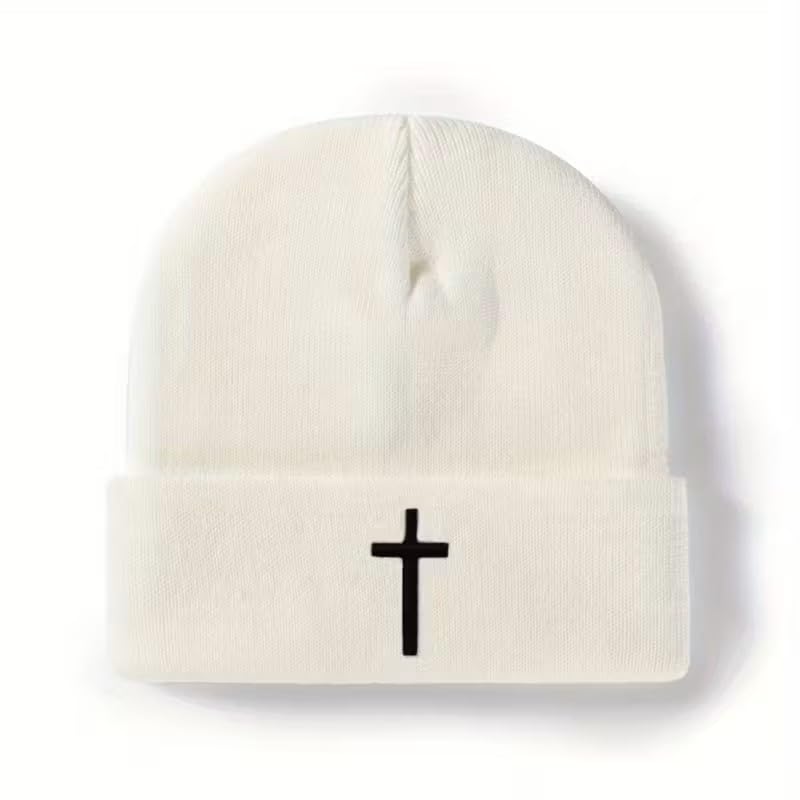 Unisex Stretch Warm Winter Skull Cap, Cold Weather Knit Beanie - color: White - 3d Cross Embroidery