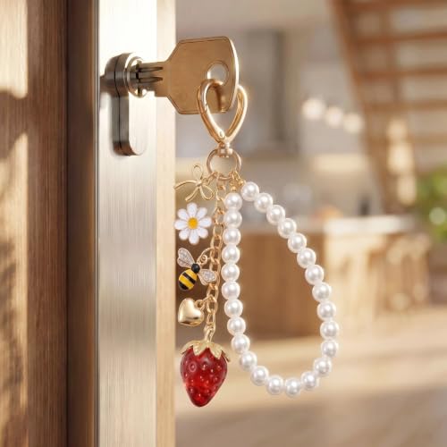 Cute Bag Charms Keychain - Pearl Keyring Wristlet Birthday Gifts - color: Red Strawberry