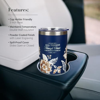 Christian Art Gifts Stainless Steel Scripture Tumbler Travel Mug for Women - color: Navy/Through Christ