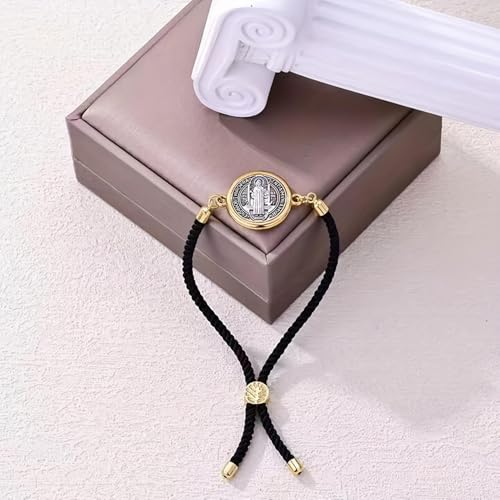 Catholic Bracelets St. Benedict Bracelet Red Rope Double Hole Pendant Couple Woven Bracelets Adjustable Black Bracelet - color: black