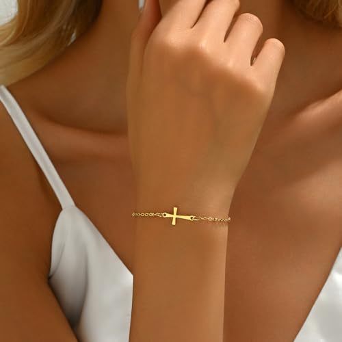 18K Gold Plated Pearl Beaded Cross Bracelets for Women Adjustable - color: Satellite Cross-Gold