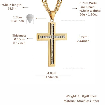 HZMAN Cross Necklace for Men Stainless Steel Cross with Cubic Zirconia Inlay Pendant Necklace with 7mm Cuban Chain 24In - color: Gold
