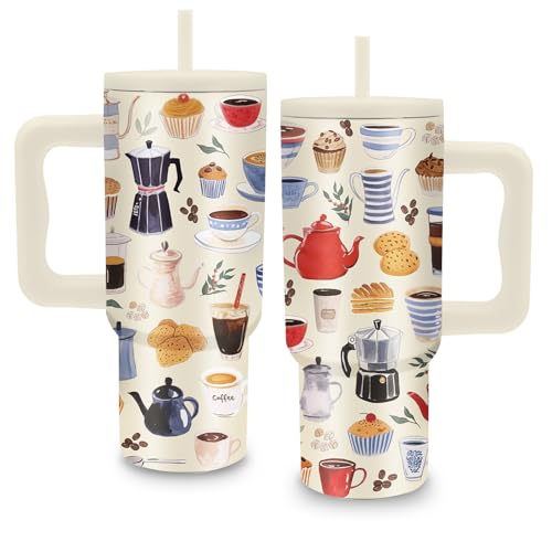 Gifts for Women - 24 oz Tumbler with Handle and Straw - Insulated Stainless Steel Cup, Leakproof, Cute Teapot Dessert Coffee Design Travel Mug, BPA Free, Fits Car Cup Holders, Keeps Drinks Cold/Hot - color: Coffee
