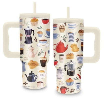 Gifts for Women - 24 oz Tumbler with Handle and Straw - Insulated Stainless Steel Cup, Leakproof, Cute Teapot Dessert Coffee Design Travel Mug, BPA Free, Fits Car Cup Holders, Keeps Drinks Cold/Hot - color: Coffee