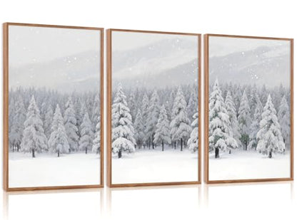CHDITB 3 Pcs Snowy Winter Forest Landscape Framed Wall Art 16x24 Inch - color: Snowy Christmas Pine Trees, size: 16"L x 24"W