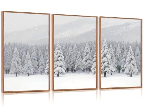 CHDITB 3 Pcs Snowy Winter Forest Landscape Framed Wall Art 16x24 Inch - color: Snowy Christmas Pine Trees, size: 16"L x 24"W