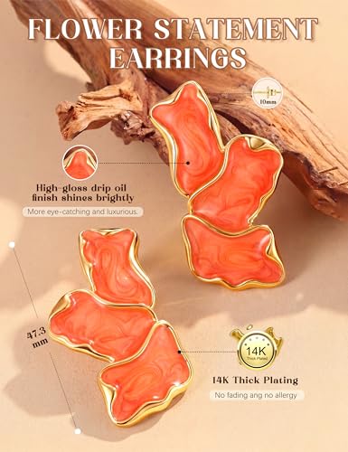 S925 Sterling Silver Flower Statement Earrings For Women Trendy - color: orange