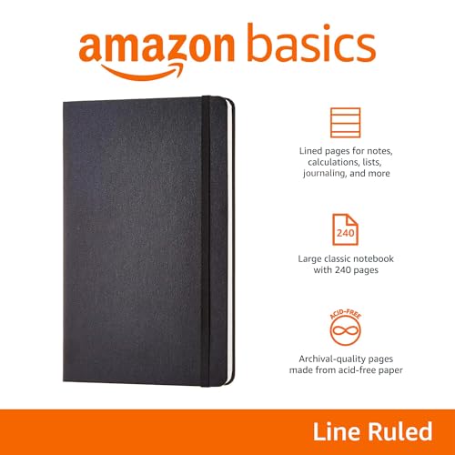 Amazon Basics Classic Lined Writing Notebook for Note Taking and Journaling, Hardcover with Elastic Closure, 240 Pages, 5" x 8.25", Black
