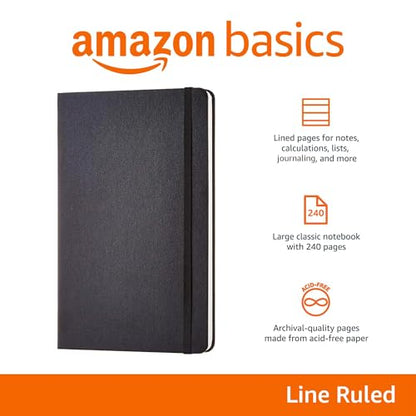 Amazon Basics Classic Lined Writing Notebook for Note Taking and Journaling, Hardcover with Elastic Closure, 240 Pages, 5" x 8.25", Black