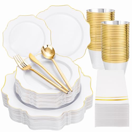 WDF 175Pcs Gold Plates Disposable - White and Gold Plastic Plates 25guest Plastic Dinnerware Ideal for Party/Wedding/Thanksgiving/Fall/Rosh Hashanah - color: White and Gold, size: 175 pieces